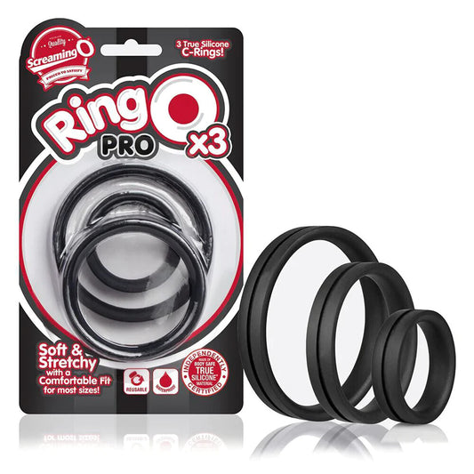 A black silicone cock ring from Screaming O, designed for enhanced pleasure.