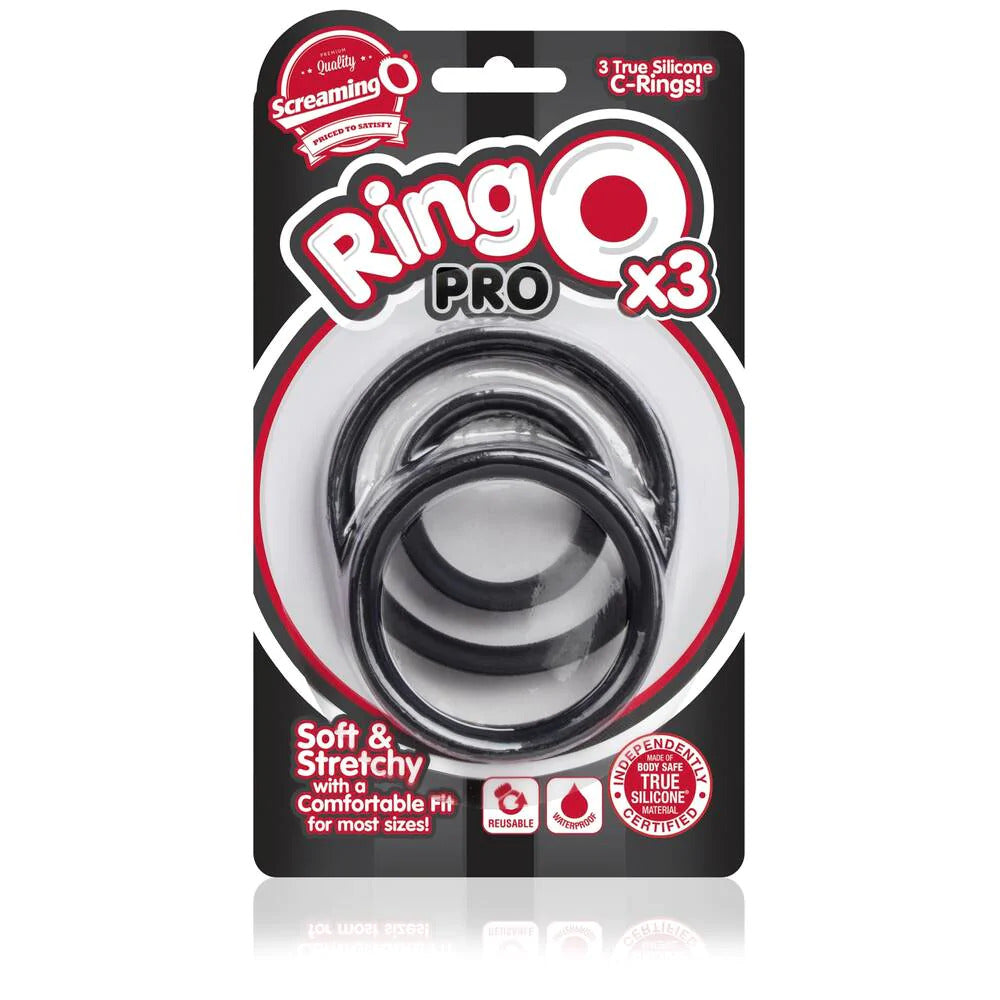 A set of three black, textured Screaming O RingO Pro X3 love rings for enhanced pleasure.