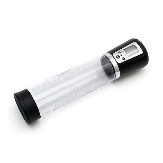 rimba electronic penis pump device, transparent cylinder with black pump and hose attachment