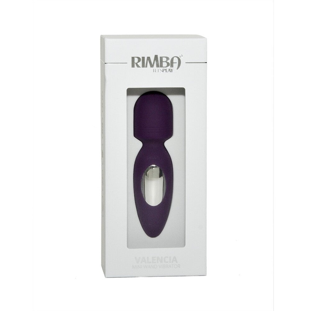 Close-up of a petite, purple Rimba Valencia wand vibrator, sleek design, for personal massage.