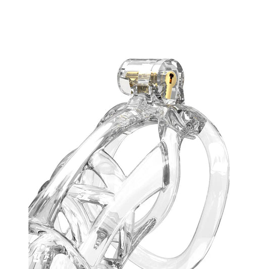 Transparent rimba pcage pc11 large male chastity device, showing the clear plastic material.