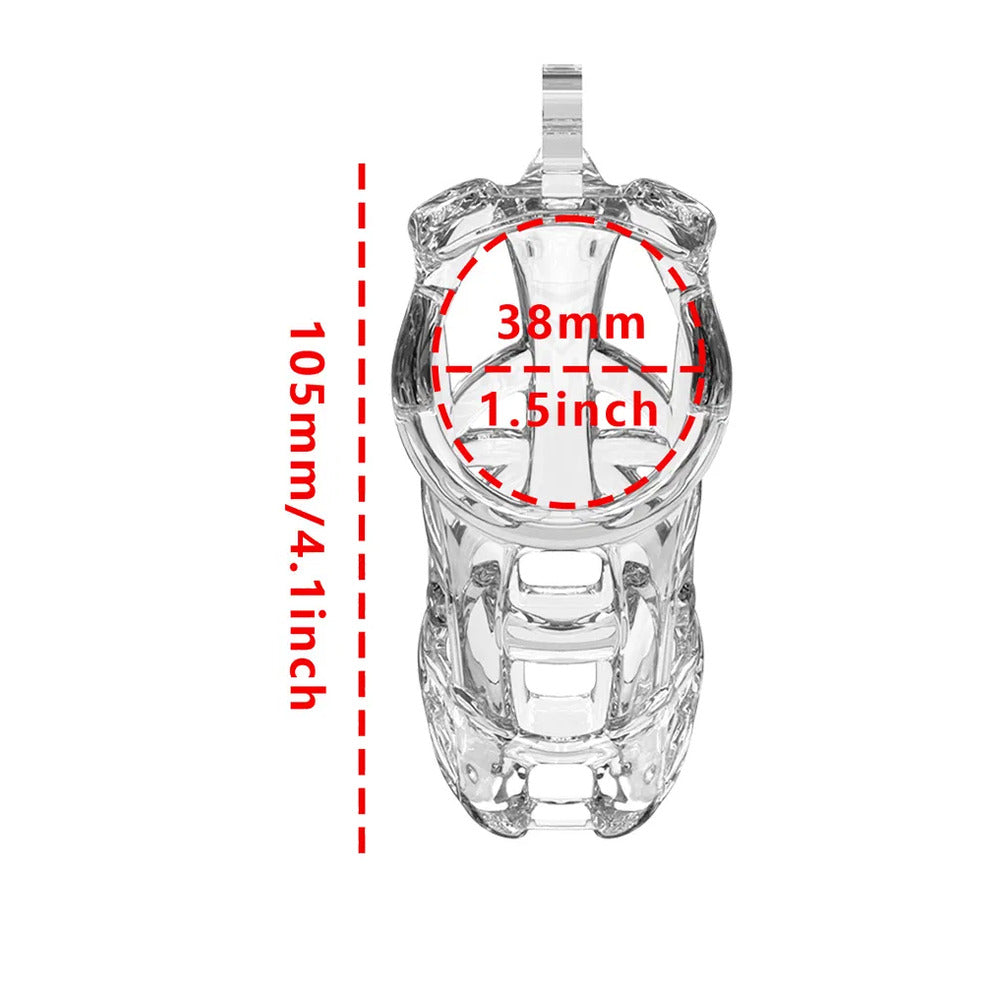 Transparent Rimba PCage PC11 male chastity device, a clear polymer cage for secure wear.