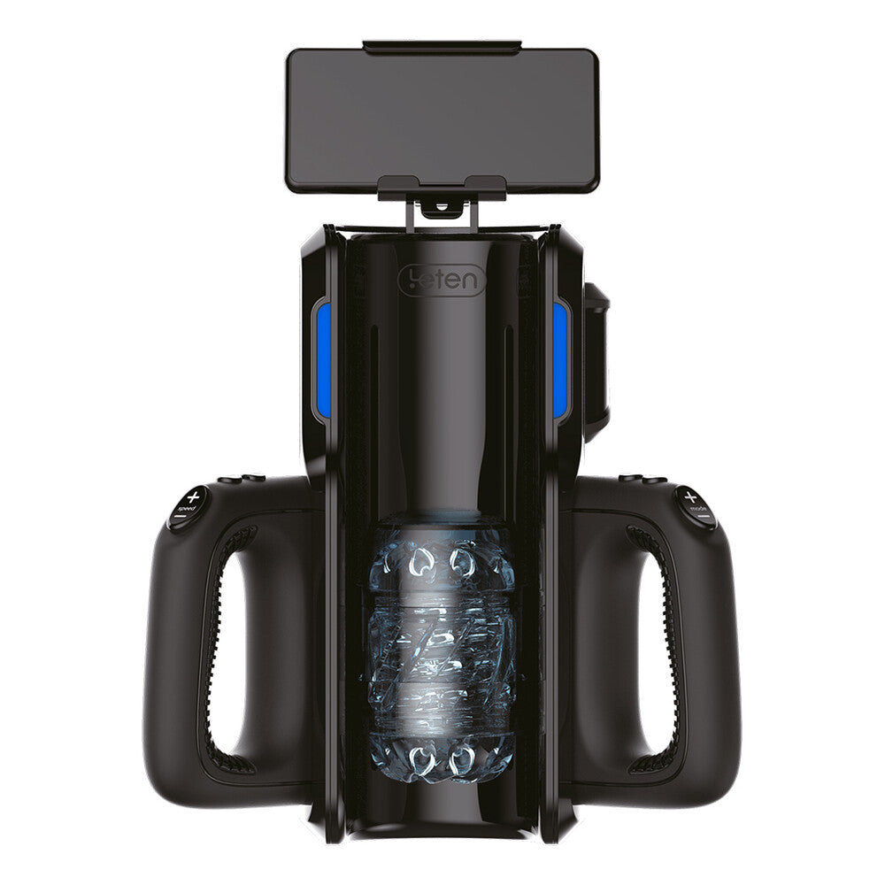Leten super thrusting vibrating masturbator with phone mount, black and silver, for solo play.