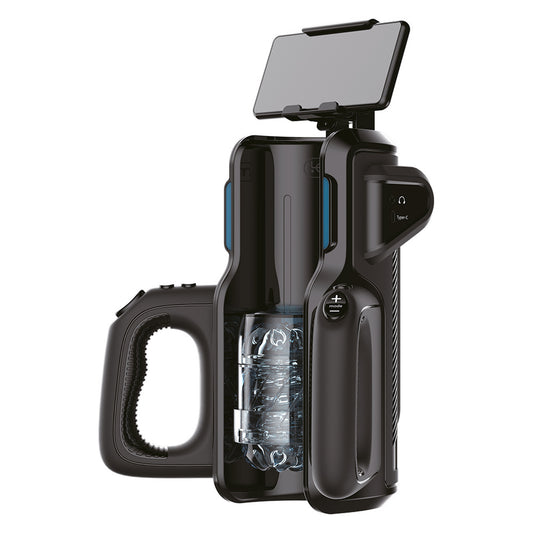 Leten super thrusting vibrating masturbator with phone mount, flesh-toned silicone, for solo pleasure.