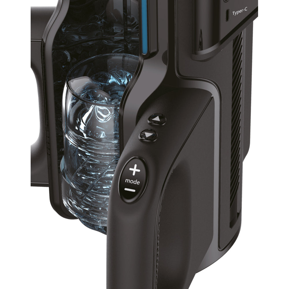 Vibrating masturbator with a phone mount, allowing for hands-free fun, in a flesh-toned material.
