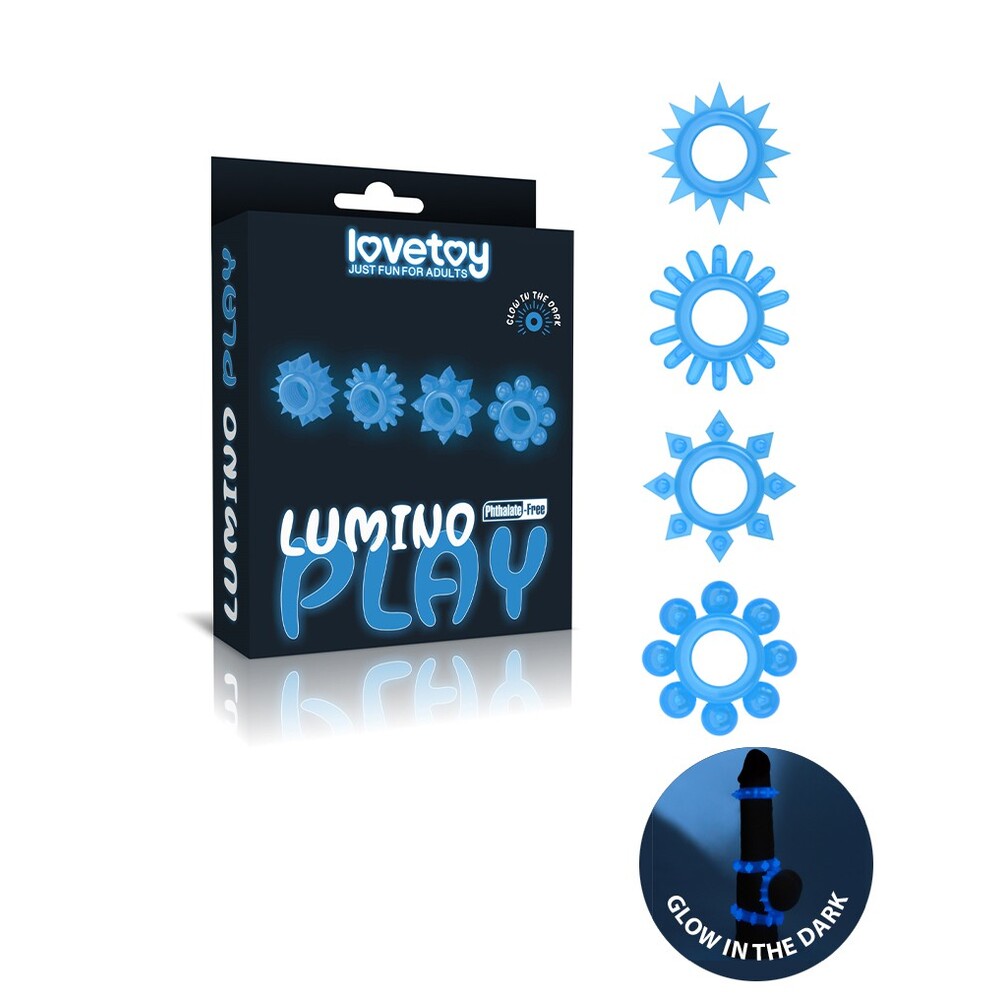 Four glow in the dark cock rings for playful sexual experiences, made from flexible material.