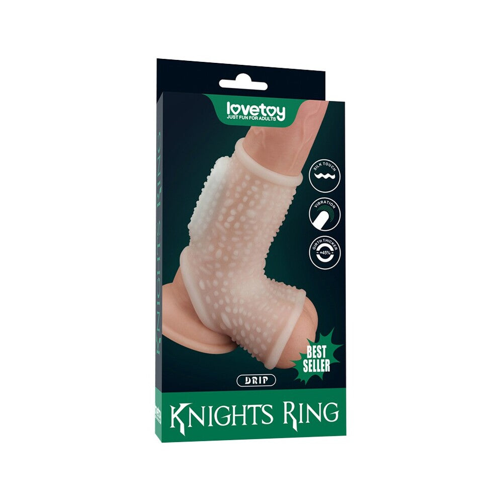 Close-up of the Lovetoy Drip Knights Ring, a textured vibrating penis sleeve for enhanced pleasure.
