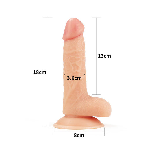 Ultra soft, realistic-looking dildo, seven inches long, for adult pleasure, flesh-toned.