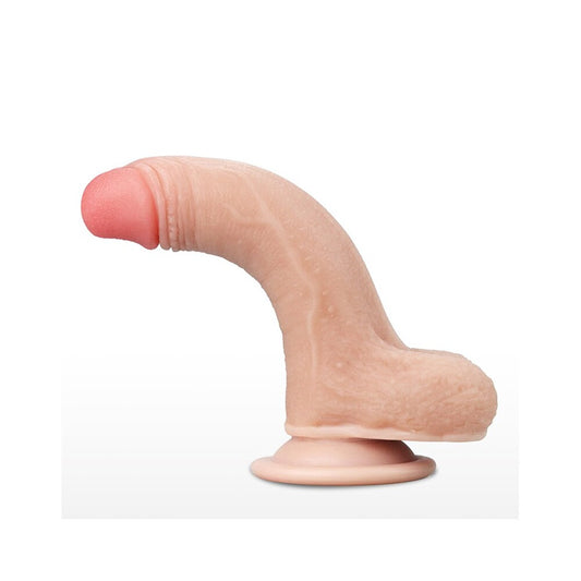 Realistic Lovetoy sliding skin dildo, seven inches, realistic texture and skin-like finish.