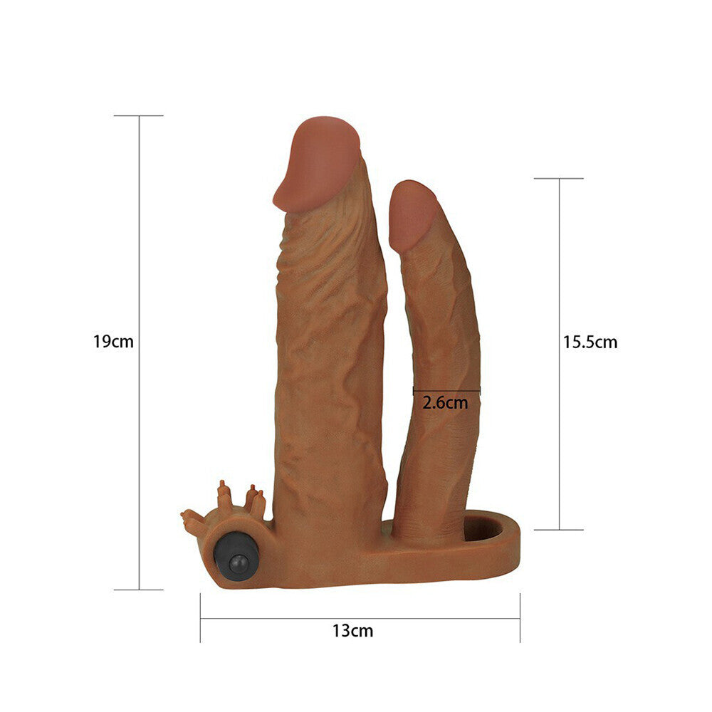 Lovetoy vibrating penis extender, two inches, for double pleasure, flesh coloured silicone.