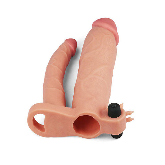 Lovetoy flesh pink vibrating double dildo extender, three inches, realistic finish.