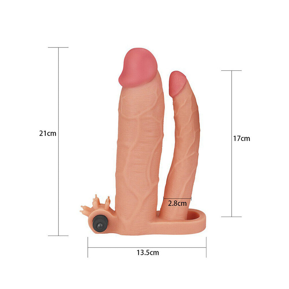 Flesh pink, three-inch Lovetoy double dildo, featuring a vibrating function for enhanced pleasure.
