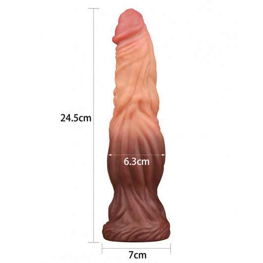 Lovetoy 9.5 inch dual layered silicone dildo in a flesh brown colour, realistically detailed.
