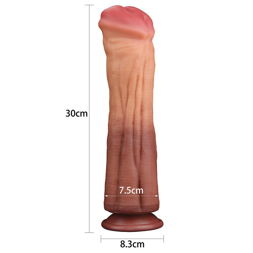 Lovetoy's 12-inch dual-layered dildo with a realistic horse cock design in silicone.