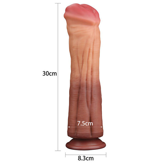 Lovetoy's 12-inch dual-layered dildo with a realistic horse cock design in silicone.