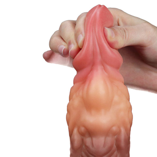 Close-up of a dual-layered, realistic 7-inch silicone dildo in a lifelike colour.