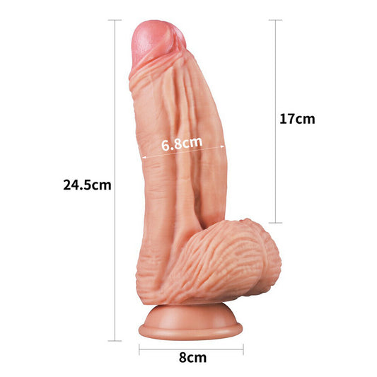 Lovetoy dual-layered dildo, ten inches long, made of smooth, realistic silicone for pleasure.