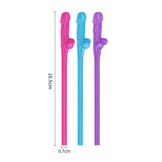 A pack of nine novelty willy straws in blue, pink, and purple for hen or stag nights.