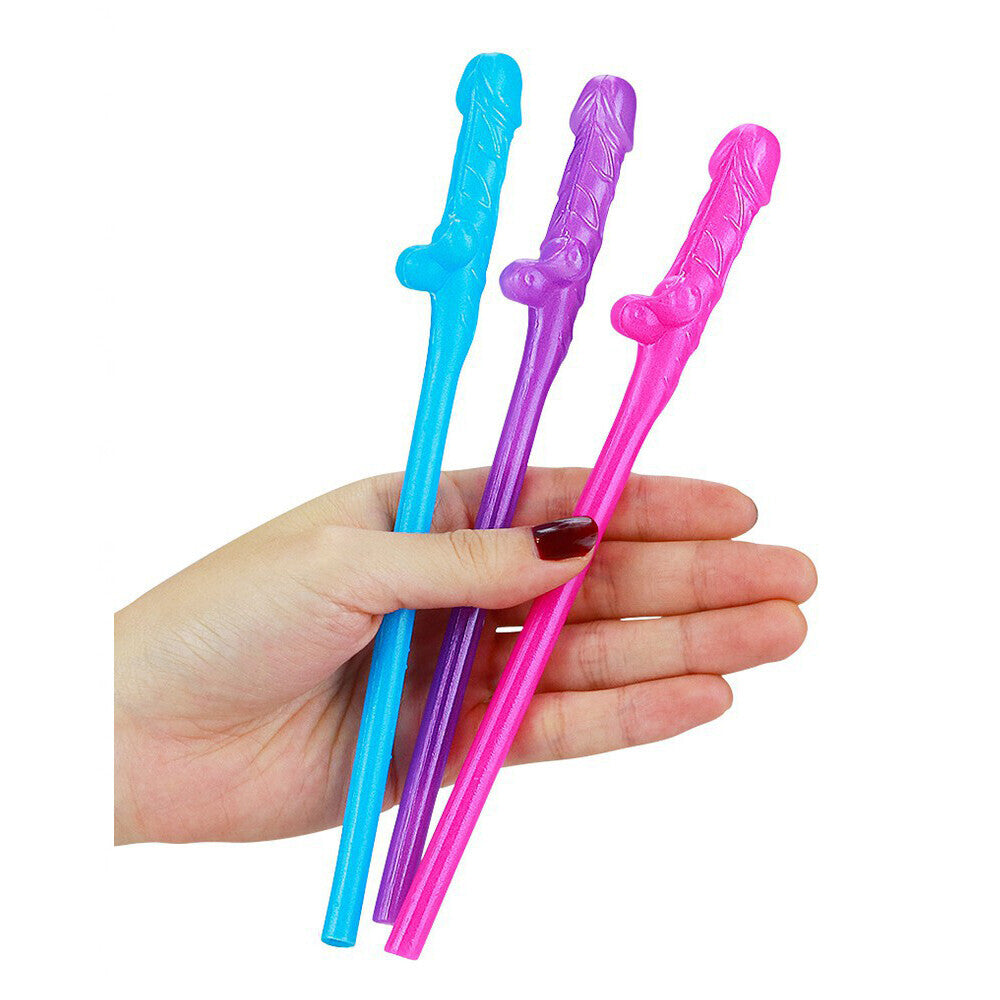 A pack of nine willy-shaped drinking straws in blue, pink and purple plastic, ideal for hen parties.
