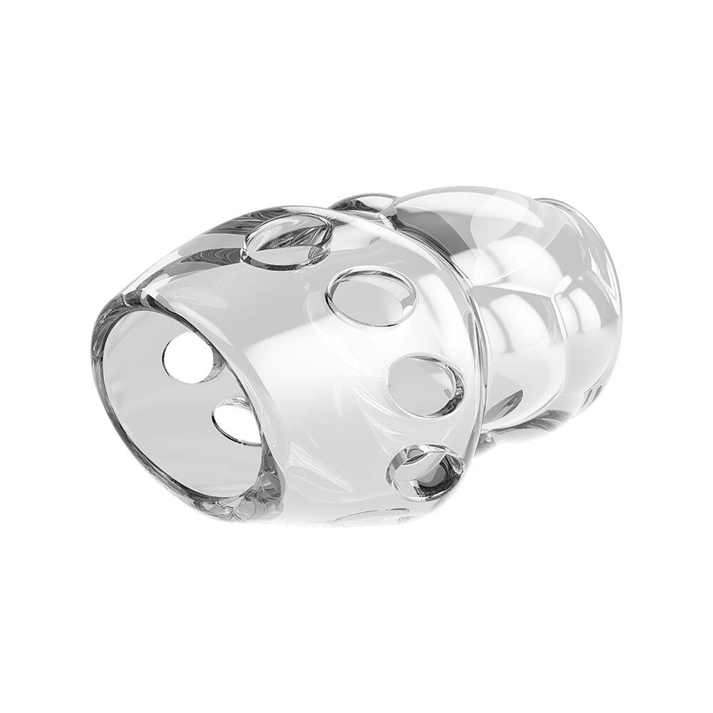 pretty love oscar penis sleeve in clear, showing the textured design and translucent material