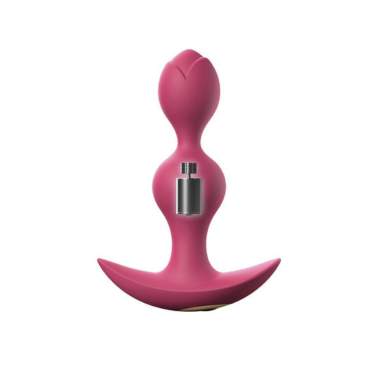 Twin vibrating butt plug, a purple pleasure toy with smooth curves and dual stimulators.