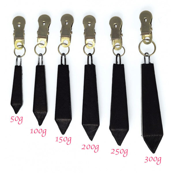 Rimba long nipple clamps with weight, metal finish, intended for use during erotic roleplay.