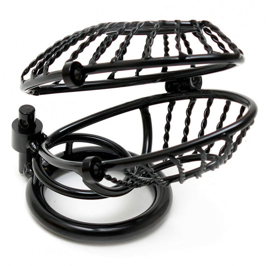 Metal rimba male chastity device in silver, featuring an opening design and two padlocks.