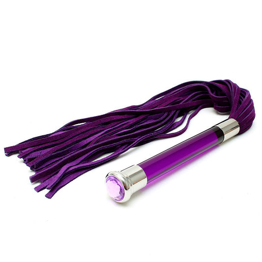 rimba purple suede flogger with a glass handle and crystal detailing, whips tag