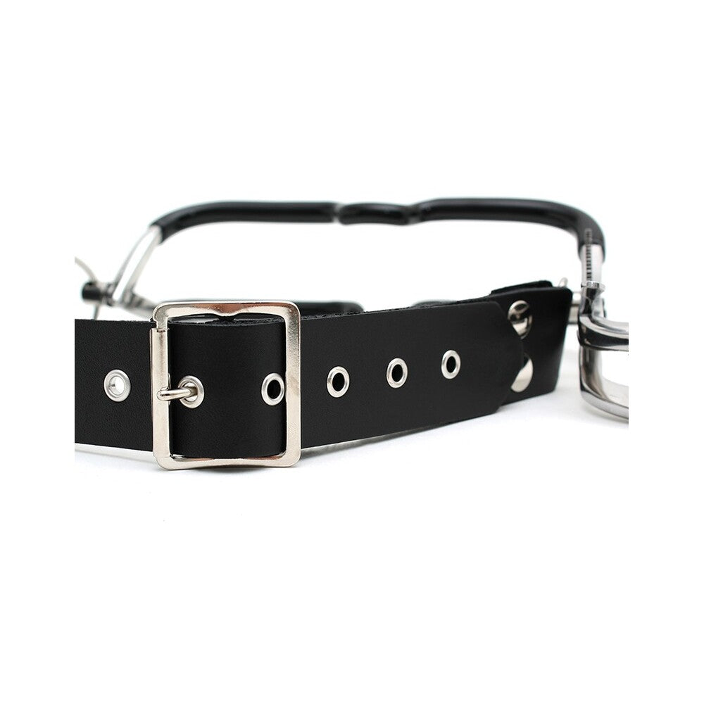 rimba jennings mouth clamp with black strap, shiny metal gag, for controlled restraint