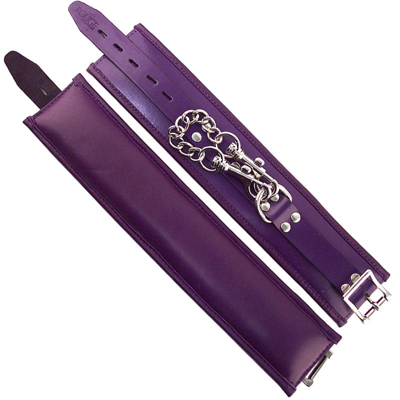 Rouge Garments padded wrist cuffs in purple; soft, comfortable restraints for playful evenings.