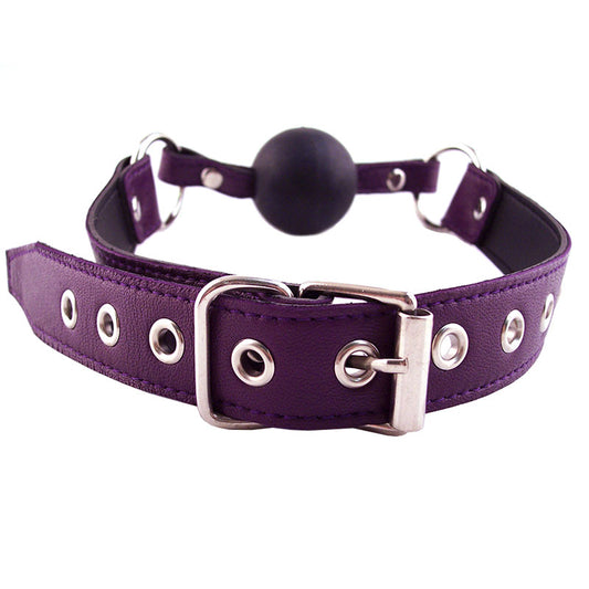 Purple ball gag from rouge garments, a smooth and shiny addition to your collection.