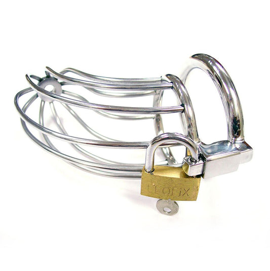 Rouge stainless steel male chastity cage with a padlock, shiny finish and ergonomic design.