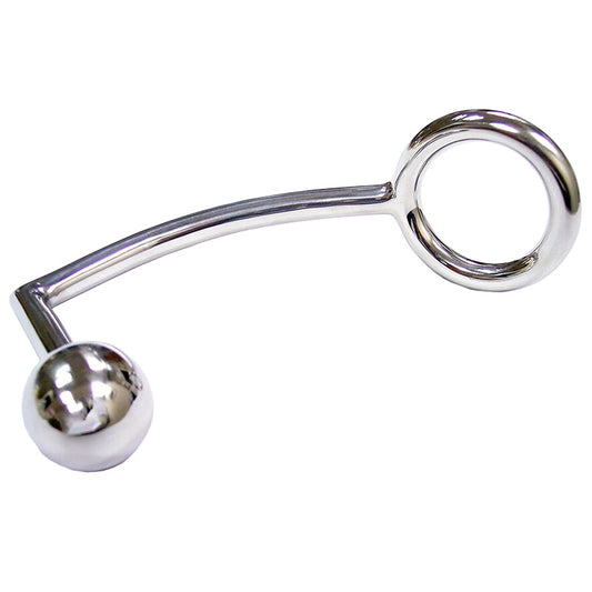 Shiny stainless steel cock ring with a slim anal probe attachment, from rouge garments.