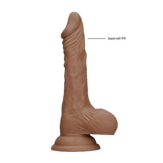 Realistic flesh tan coloured dildo with testicles, seven inches long, from Shots Toys.