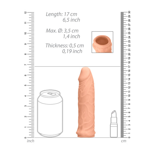 Flesh pink, textured 6-inch penis sleeve from Shots Toys, a sensual bedroom aid.