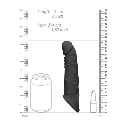 Black, textured RealRock 8-inch penis sleeve from Shots Toys, for added sensation.