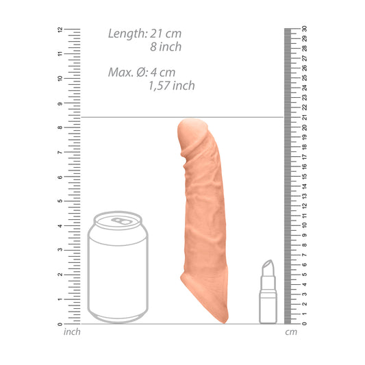 Flesh pink, 8-inch penis sleeve by shots toys made of flexible material, for enhancement.
