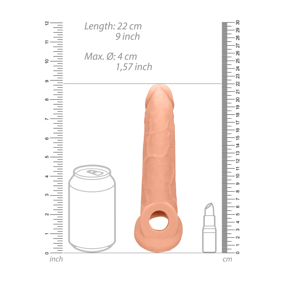 Flesh pink, realistic penis sleeve from shots toys, nine inches for enhanced pleasure.
