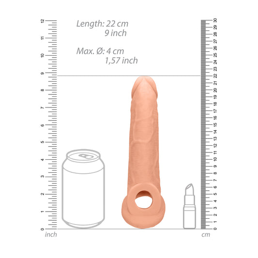 Flesh pink, realistic penis sleeve from shots toys, nine inches for enhanced pleasure.