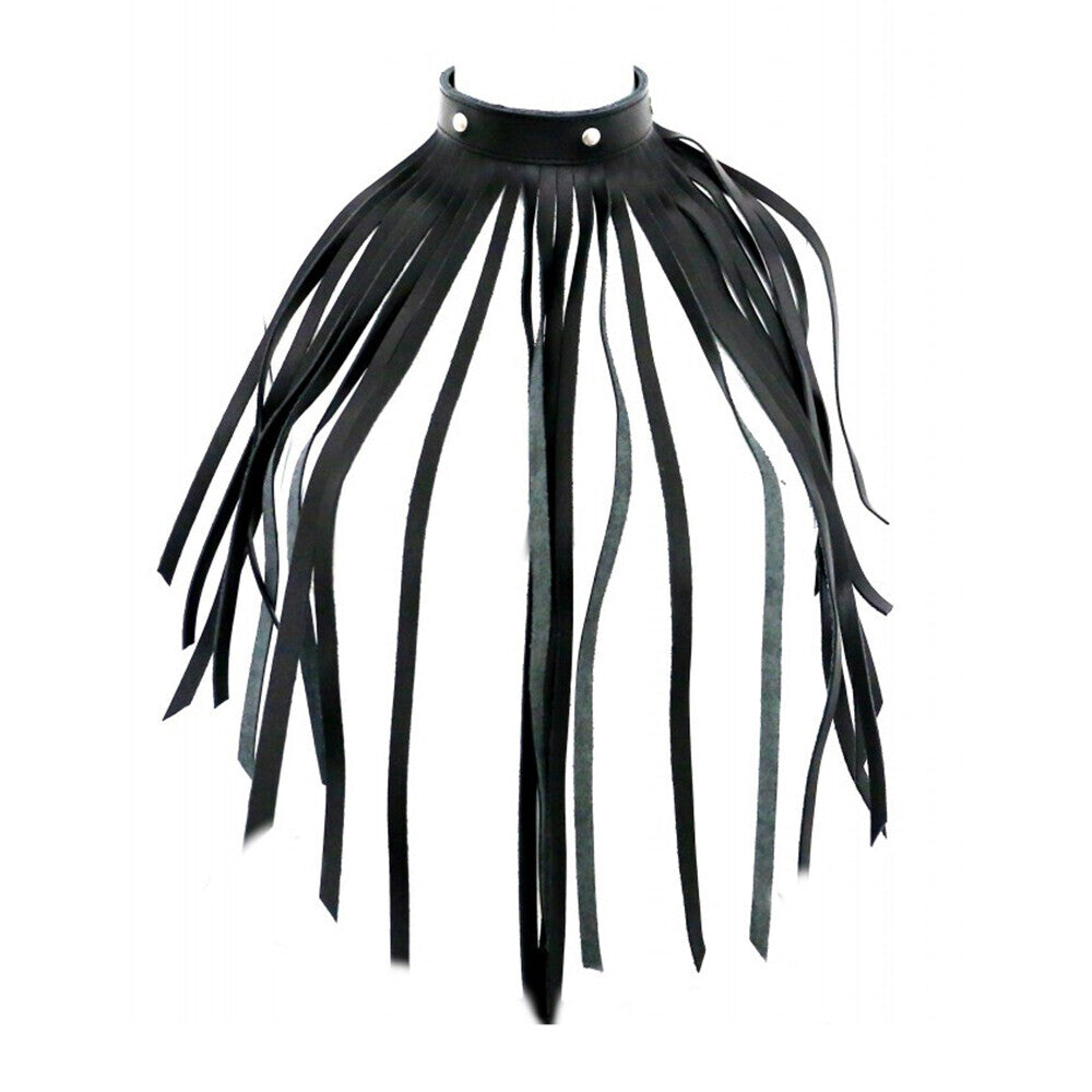 Black leather fringe necklace collar, a stylish accessory from various toy brands.