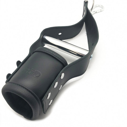 Deluxe black leather suspension handcuffs, showcasing the soft padded restraints for secure bondage.