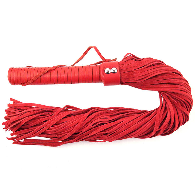Rouge Garments red suede flogger with multiple falls, a stylish adult toy whip.