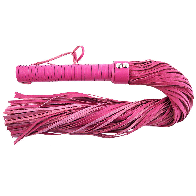 rouge garments large pink leather flogger, a striking and beautifully crafted whip