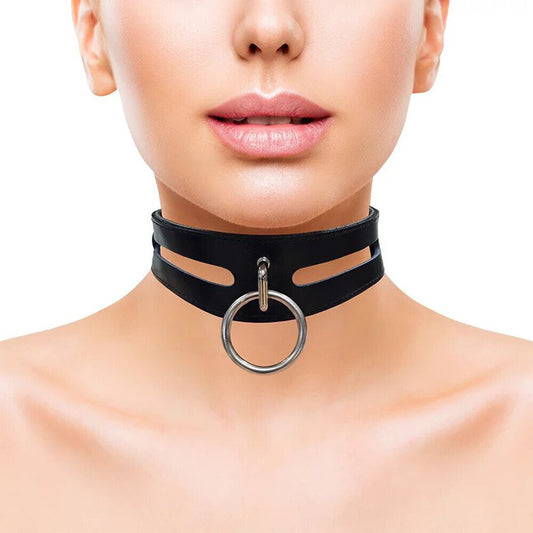 rouge garments black leather bondage collar with metal hardware, a stylish accessory.