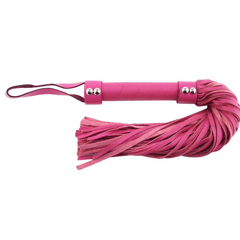 Rouge Garments pink leather flogger with multiple tails, designed for playful impact.