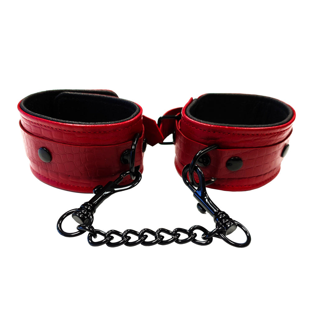 Rouge Garments leather ankle cuffs with a distinctive croc print, black and burgundy finish.