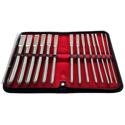 Rouge Garments Hegar dilator set, fourteen stainless steel medical instruments for uterine dilation.