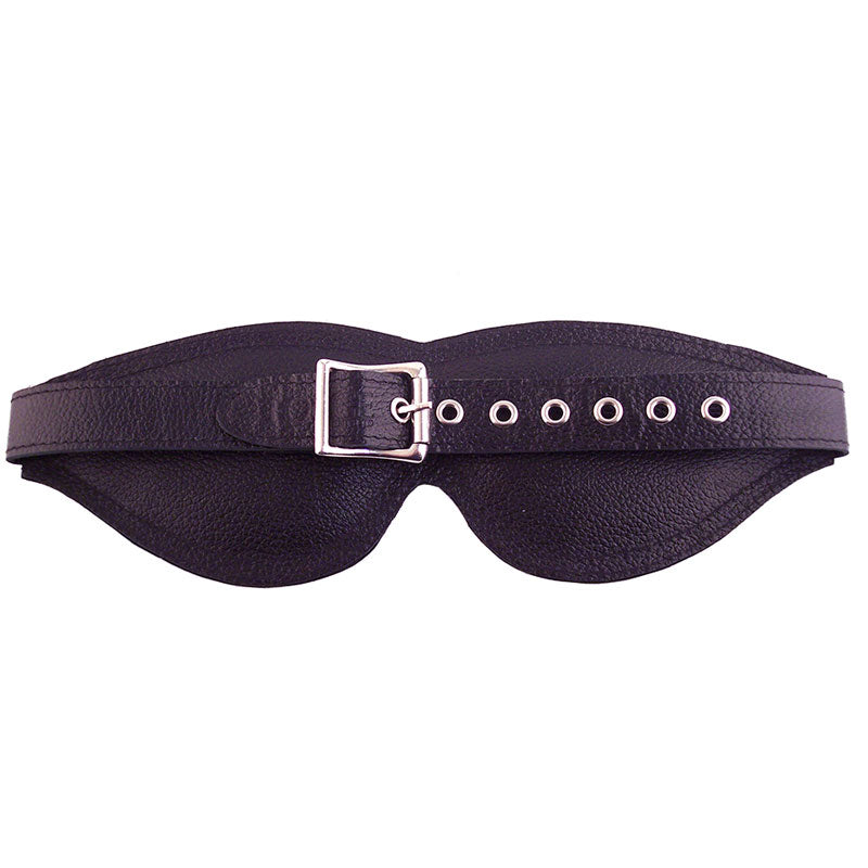 Large, black padded blindfold from Rouge Garments, ideal for sensory deprivation play.