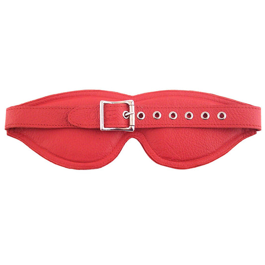 A large, padded red blindfold from rouge garments, ideal for sensory deprivation play.