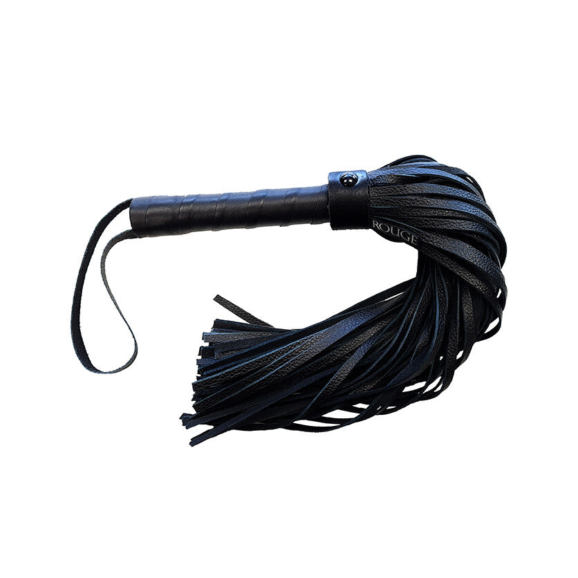 rouge garments plain black flogger, a leather whip for roleplay and consensual fun.